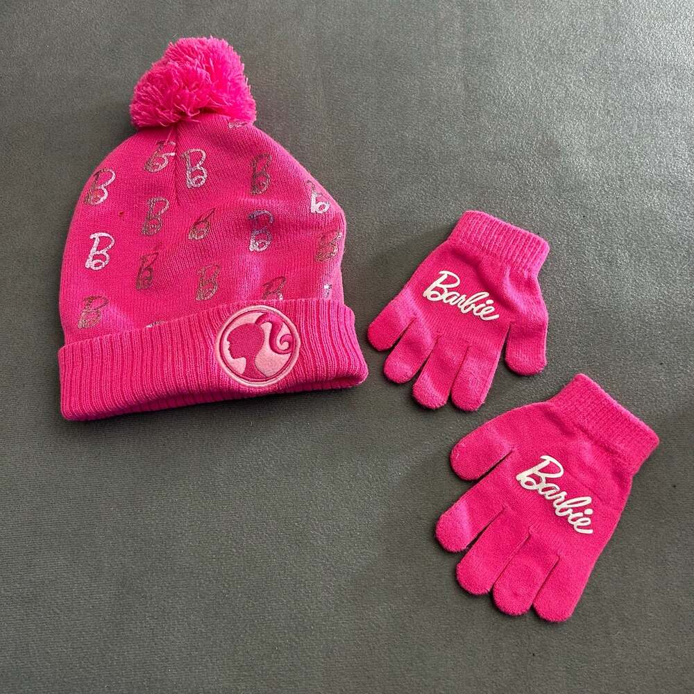 Barbie Girls Pink Knit Pom Pom Beanie Hat and Gloves Set